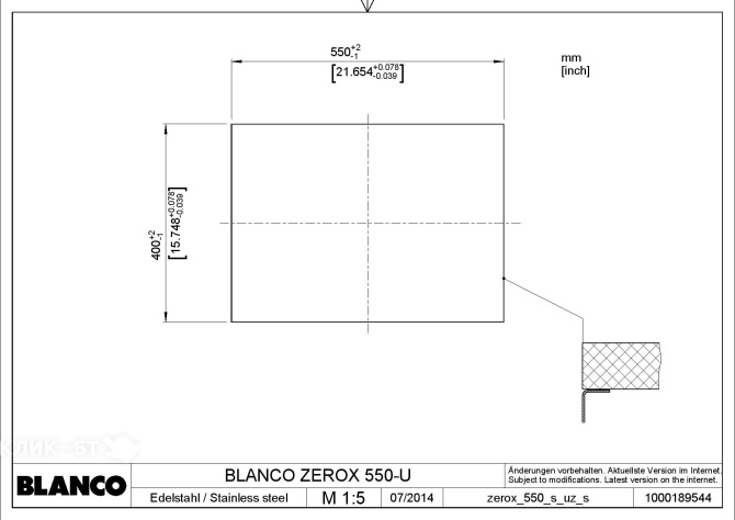 Кухонная мойка BLANCO 521591 BLANCO ZEROX 550-U нерж. сталь зеркальная полировка