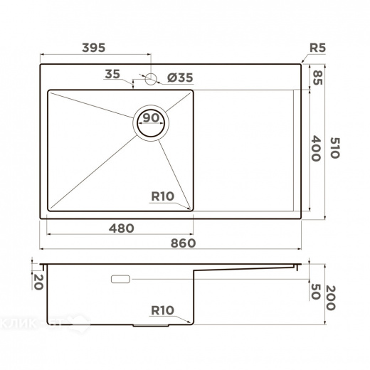 Кухонная мойка OMOIKIRI Akisame 86-LG-L Side (4997045)